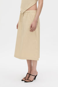 Cropped view CAMILLA AND MARC Oren Stripe Midi Skirt in ochre stripe with an adjustable mid‑rise waistline.