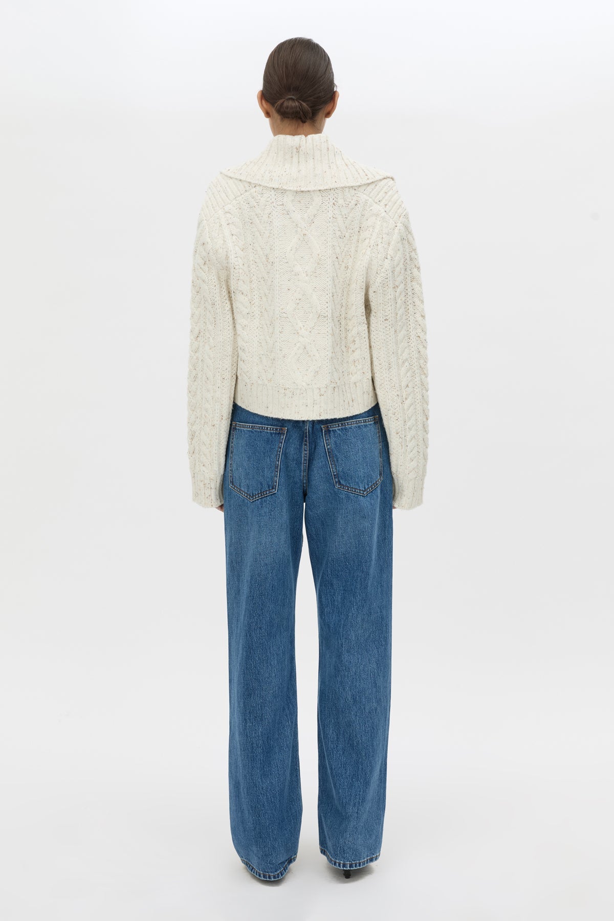 Back view CAMILLA AND MARC Oria Knit Cardigan in Marble cable‑knit with relaxed silhouette.