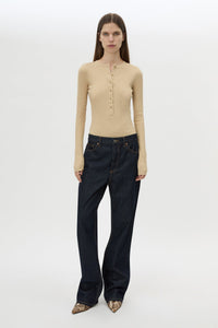Front view CAMILLA AND MARC Orion Slub Jersey Bodysuit in Camel with long sleeves, rib button placket.
