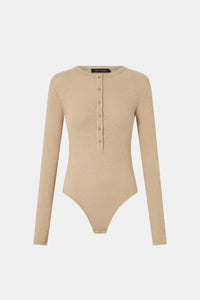 Ghost front view CAMILLA AND MARC Orion Slub Jersey Bodysuit in Camel with long sleeves, and rib button placket.