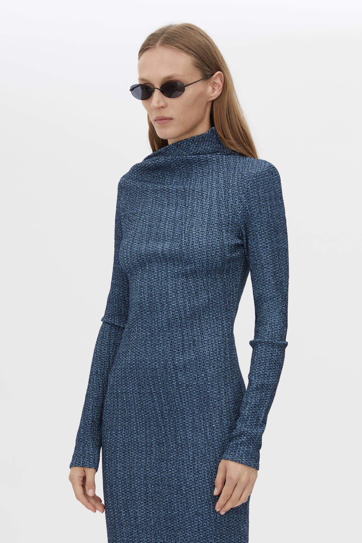 Cropped view CAMILLA AND MARC Orsa Midi Dress in Navy with long sleeves and a textured jersey finish.