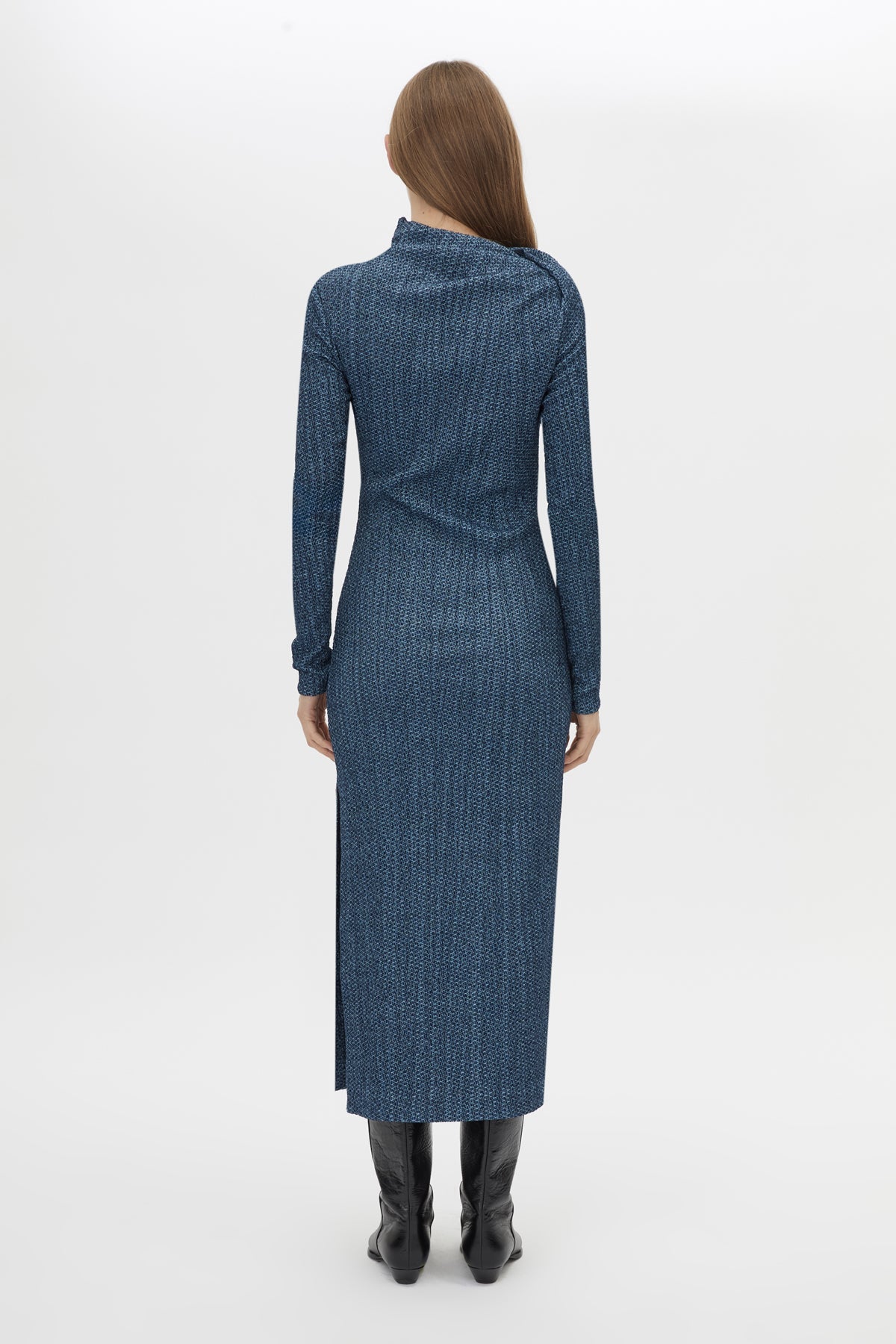 Back view CAMILLA AND MARC Orsa Midi Dress in Navy with long sleeves and a textured jersey finish.