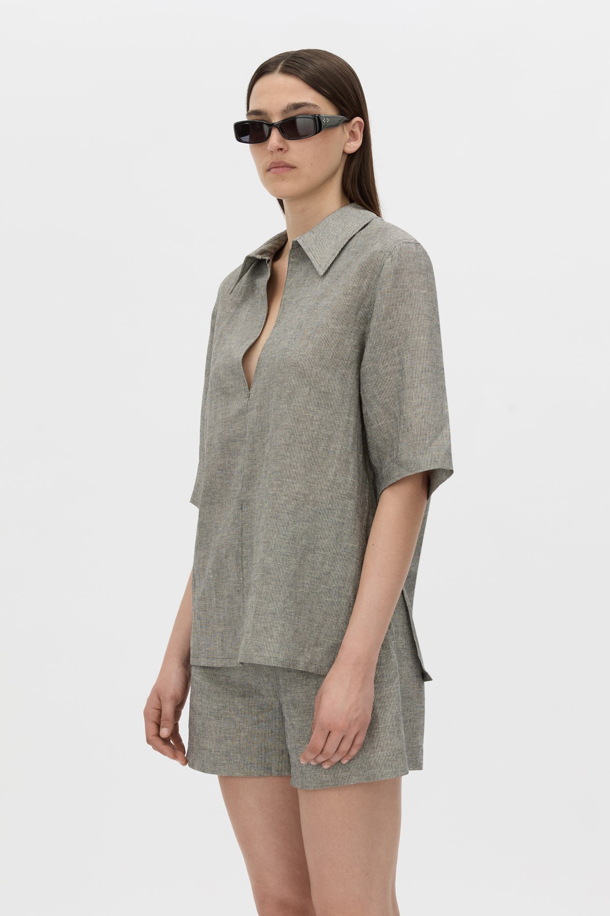 Phostre Stripe Linen Collared Top
