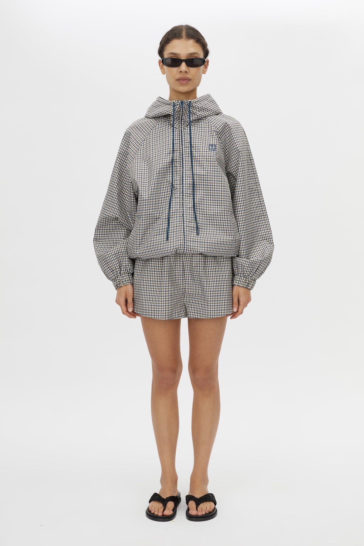 Styled view CAMILLA AND MARC Pierce check elasticated mid-rise short in birch check with inseam pockets.