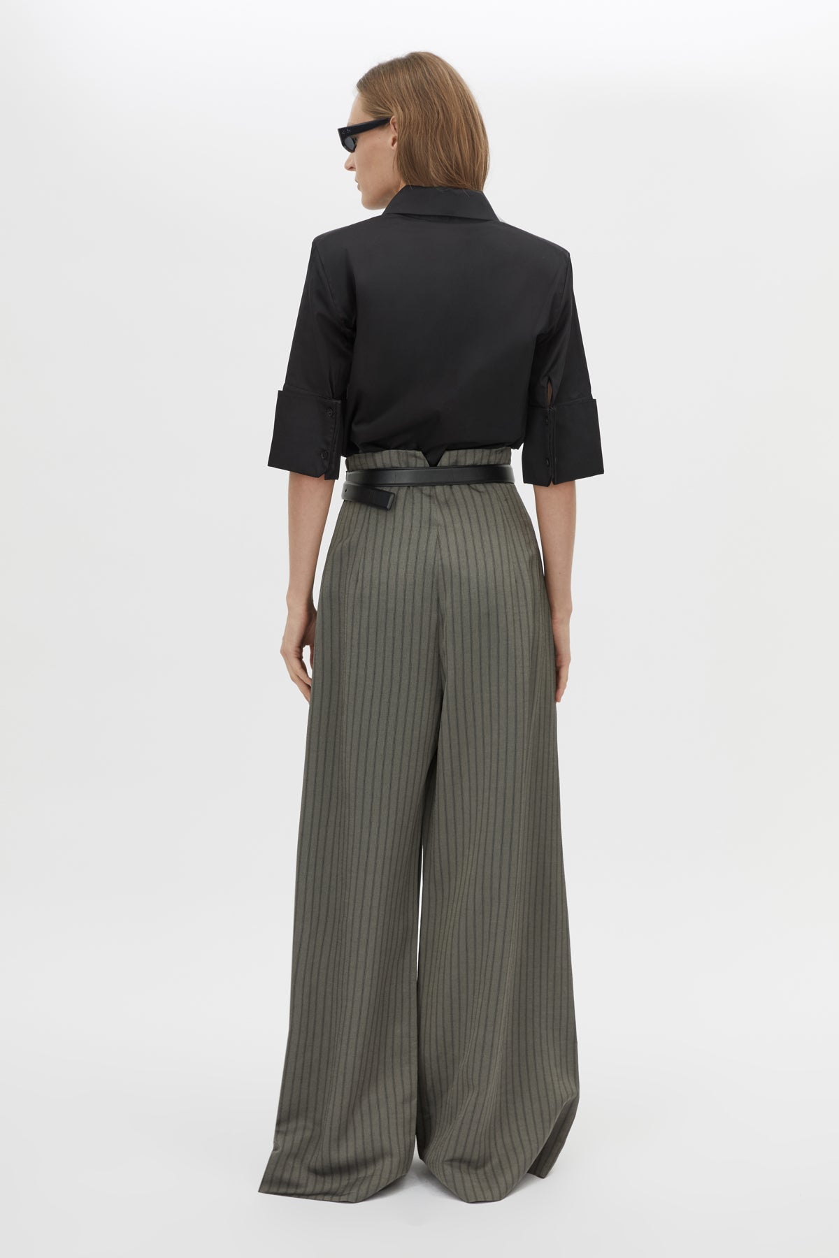 Back view CAMILLA AND MARC Pique Short Sleeve Shirt in Black with a boxy silhouette and French‑cuff sleeves.