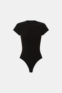 Ghost view CAMILLA AND MARC Raha crew neck rib bodysuit in espresso brown with cap sleeve and ribbed neckline.
