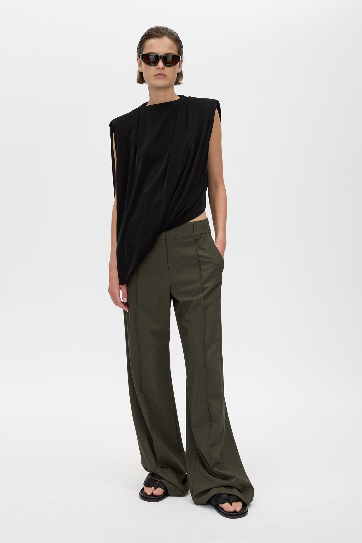 Front view CAMILLA AND MARC Ravine Draped Top in Black with asymmetric silhouette.