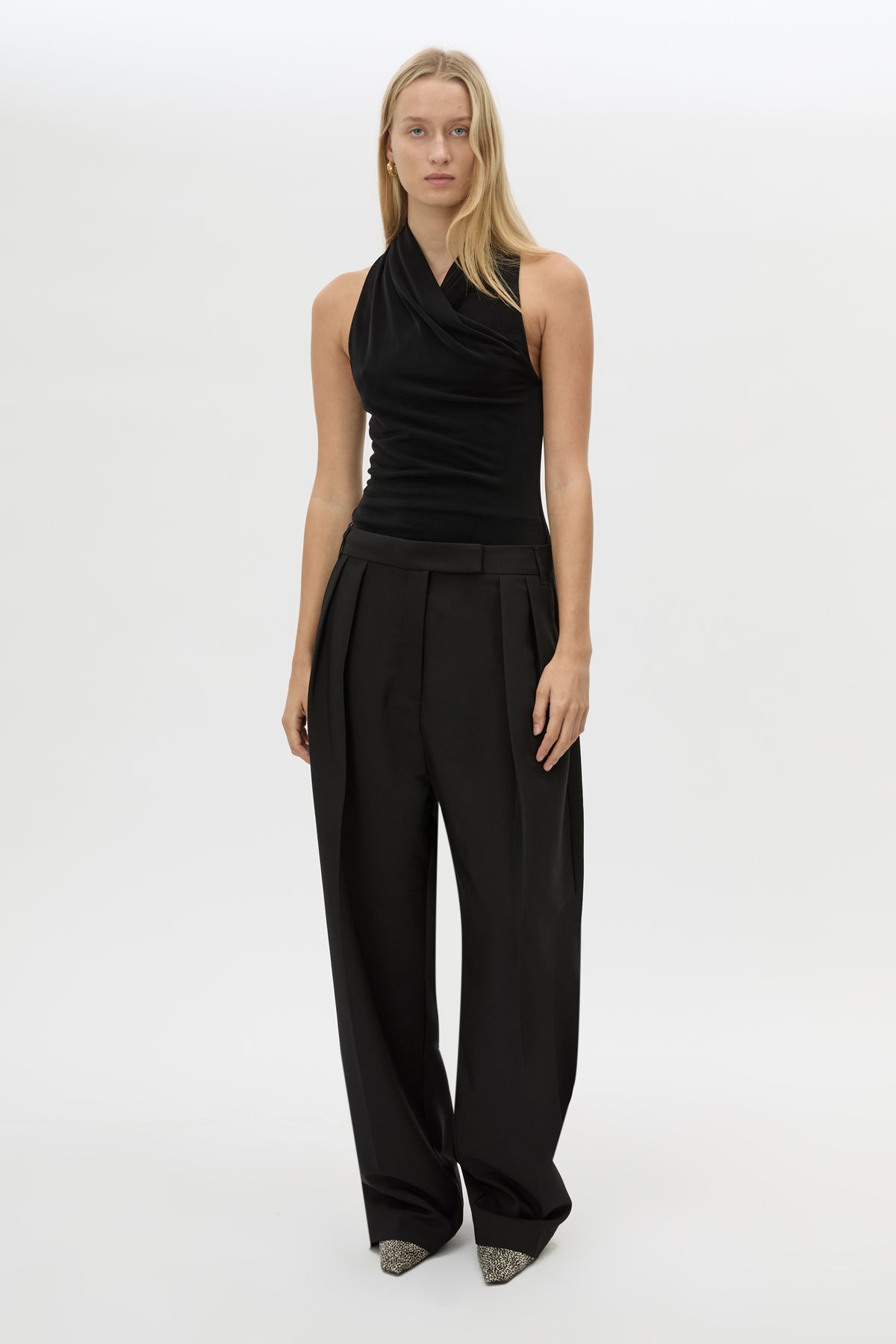 Front view CAMILLA AND MARC Ravine Bodysuit in Black with cross‑over wrapped neckline.