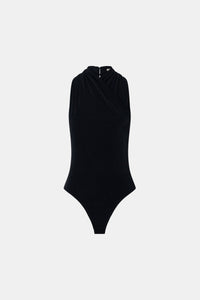 Ghost view CAMILLA AND MARC Ravine Bodysuit in Black with cross‑over wrapped neckline.