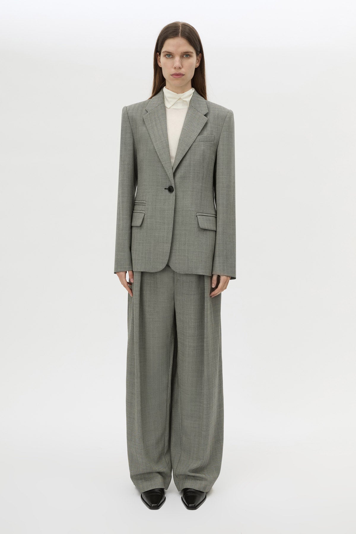 Front view CAMILLA AND MARC Ren Pant in Charcoal Herringbone styled with the Ren Blazer.