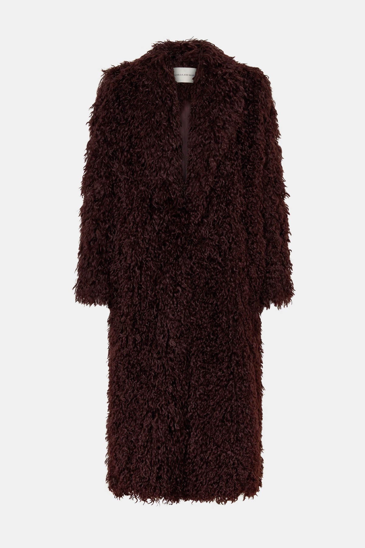 Ghost view CAMILLA AND MARC Renley Shawl Collar Coat in burgundy faux‑fur.