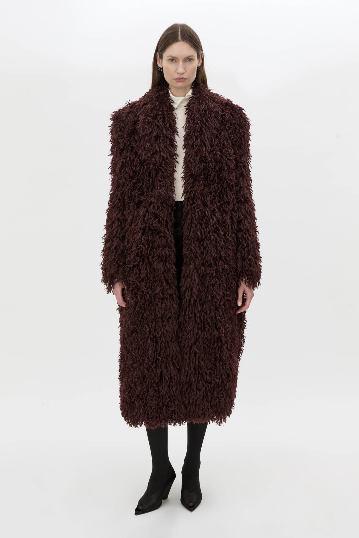Front-styled view CAMILLA AND MARC Renley Shawl Collar Coat in burgundy faux‑fur.