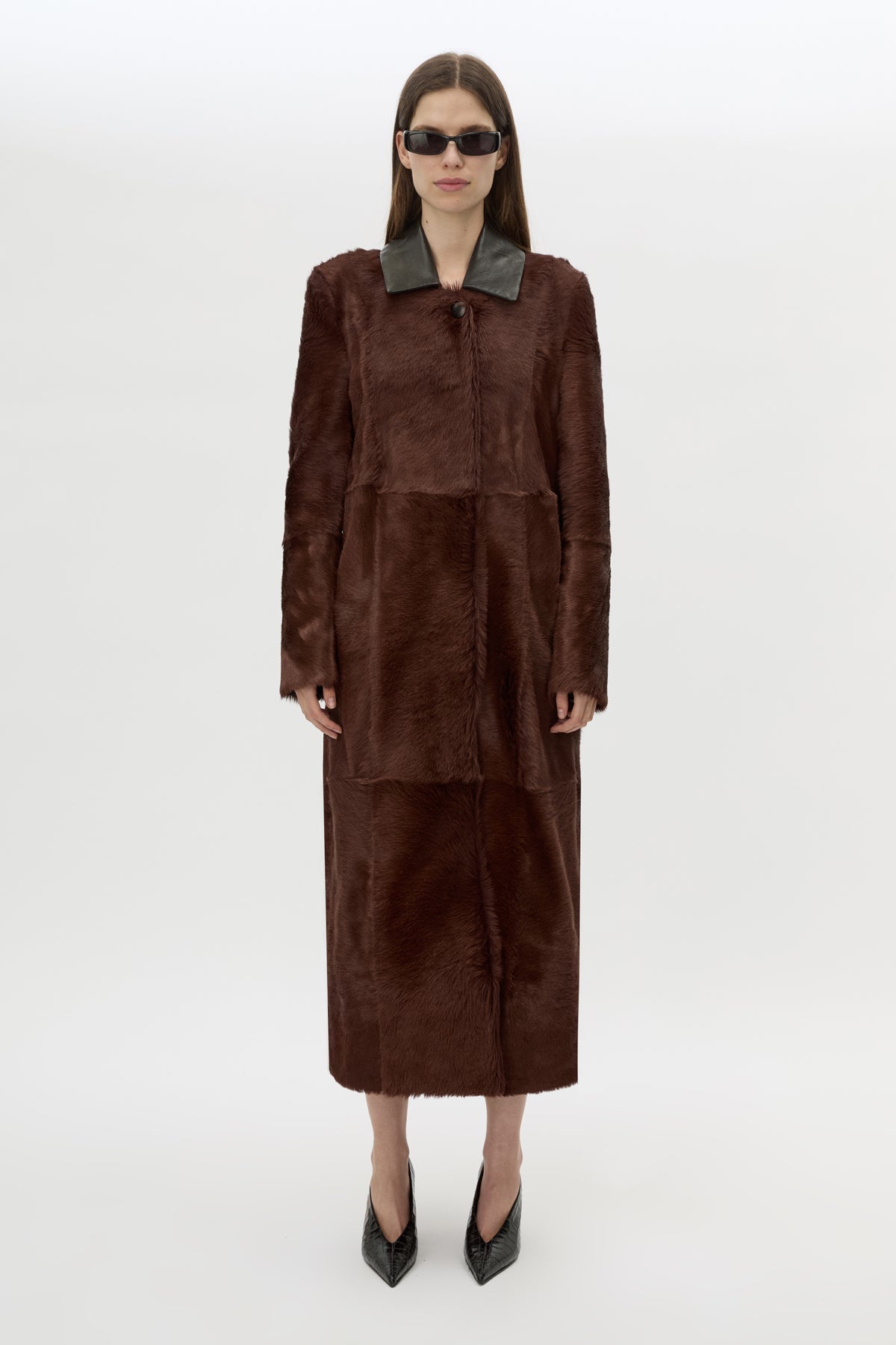 Front view CAMILLA AND MARC Rina Coat in Chocolate Brown styled with the Rhys Croc Pump.