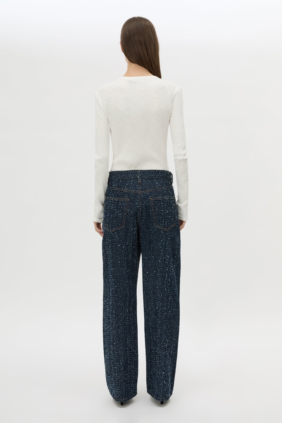 Back view CAMILLA AND MARC Rune Denim Jean in Indigo Neps with 100% textured cotton denim fabrication.