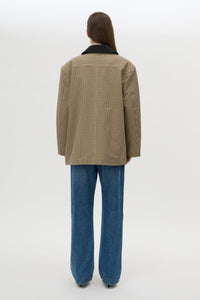 Back view CAMILLA AND MARC Sage Check Jacket in Walnut Check with denim detailing and contrast collar.