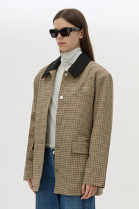 Cropped view CAMILLA AND MARC Sage Check Jacket in Walnut Check with denim detailing and contrast collar.