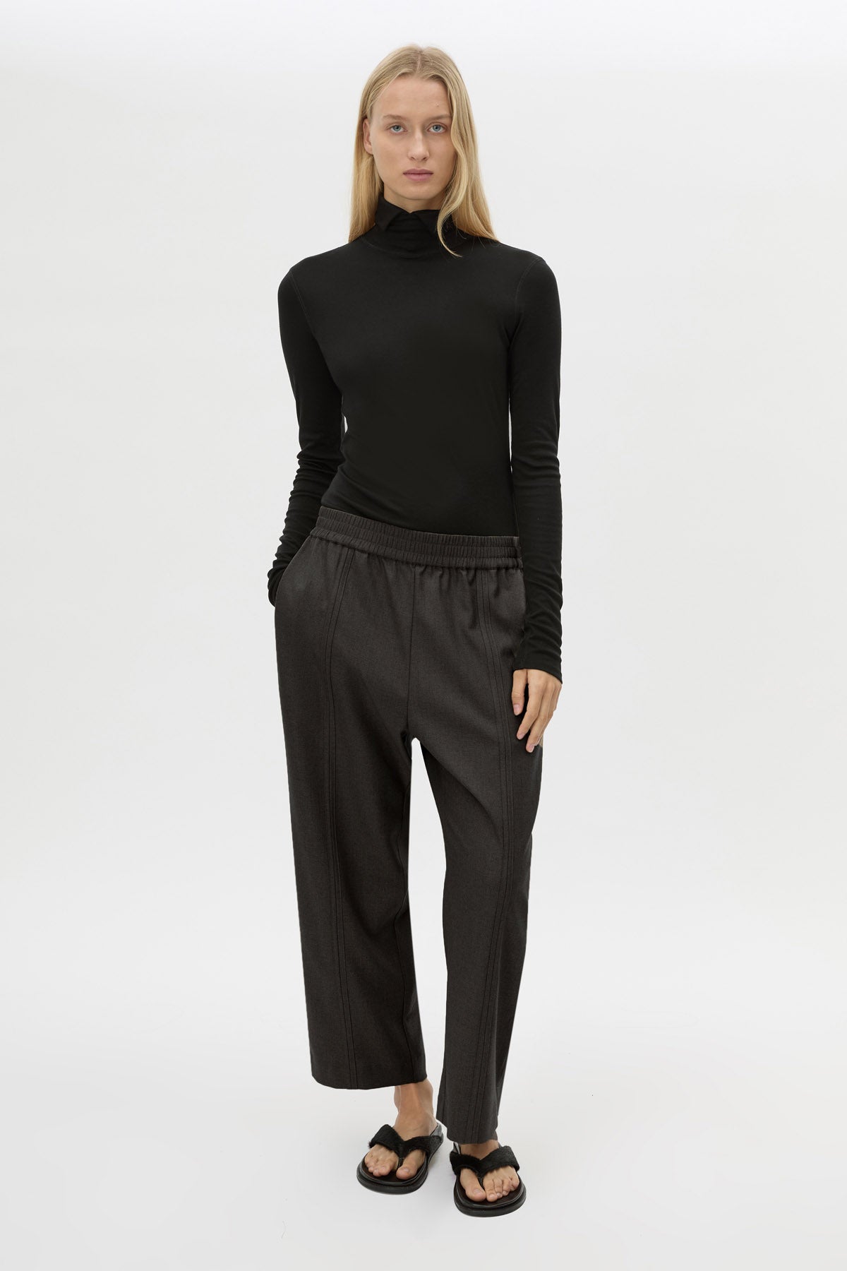 Front styled view CAMILLA AND MARC Sander Pant in Black with a relaxed, mid‑rise fit.