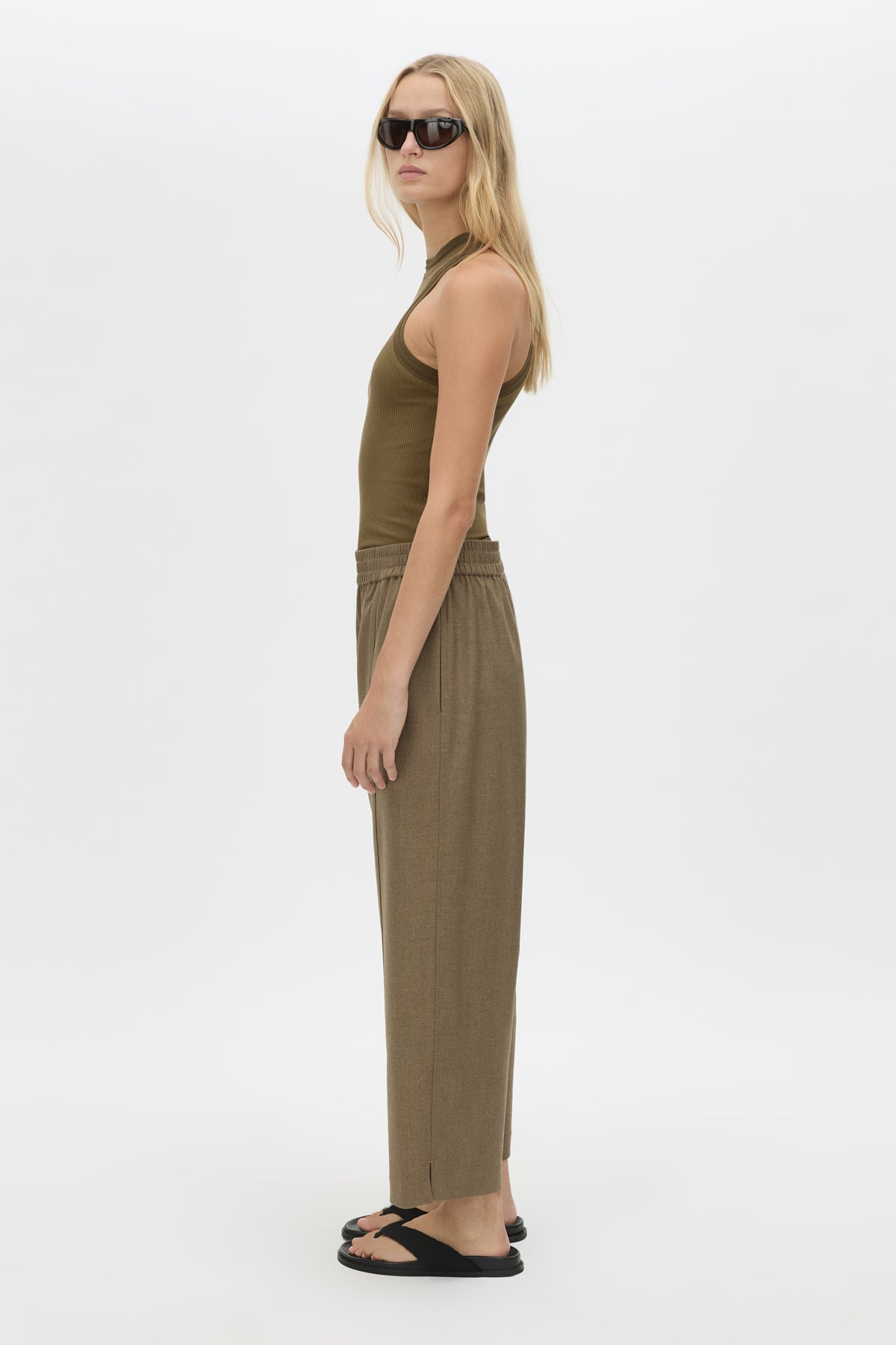 Side view CAMILLA AND MARC Sander Pant in Sable Marle with soft suiting finish and mid‑rise fisherman silhouette.