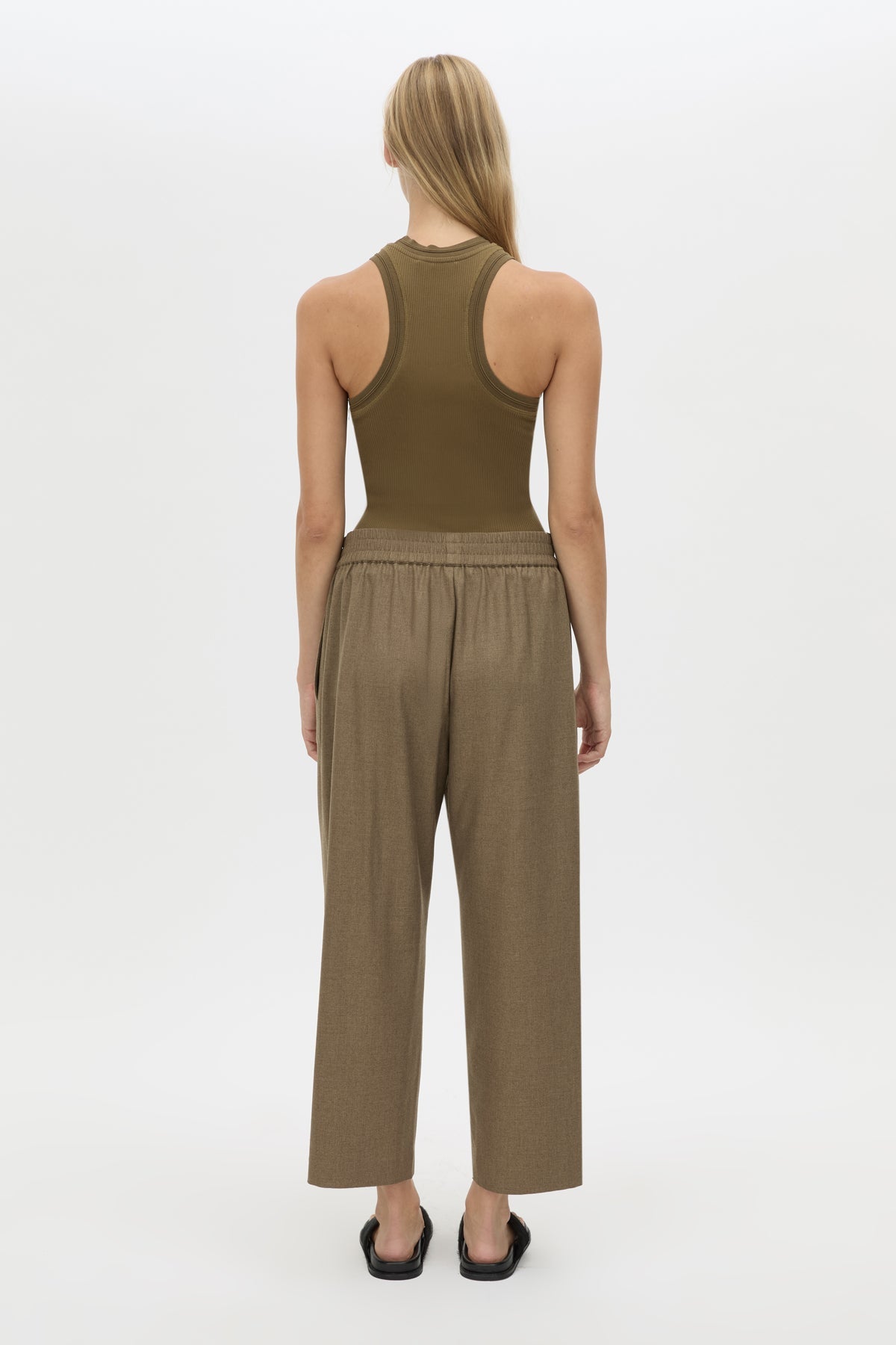 Back view CAMILLA AND MARC Sander Pant in Sable Marle with soft suiting finish and mid‑rise fisherman silhouette.
