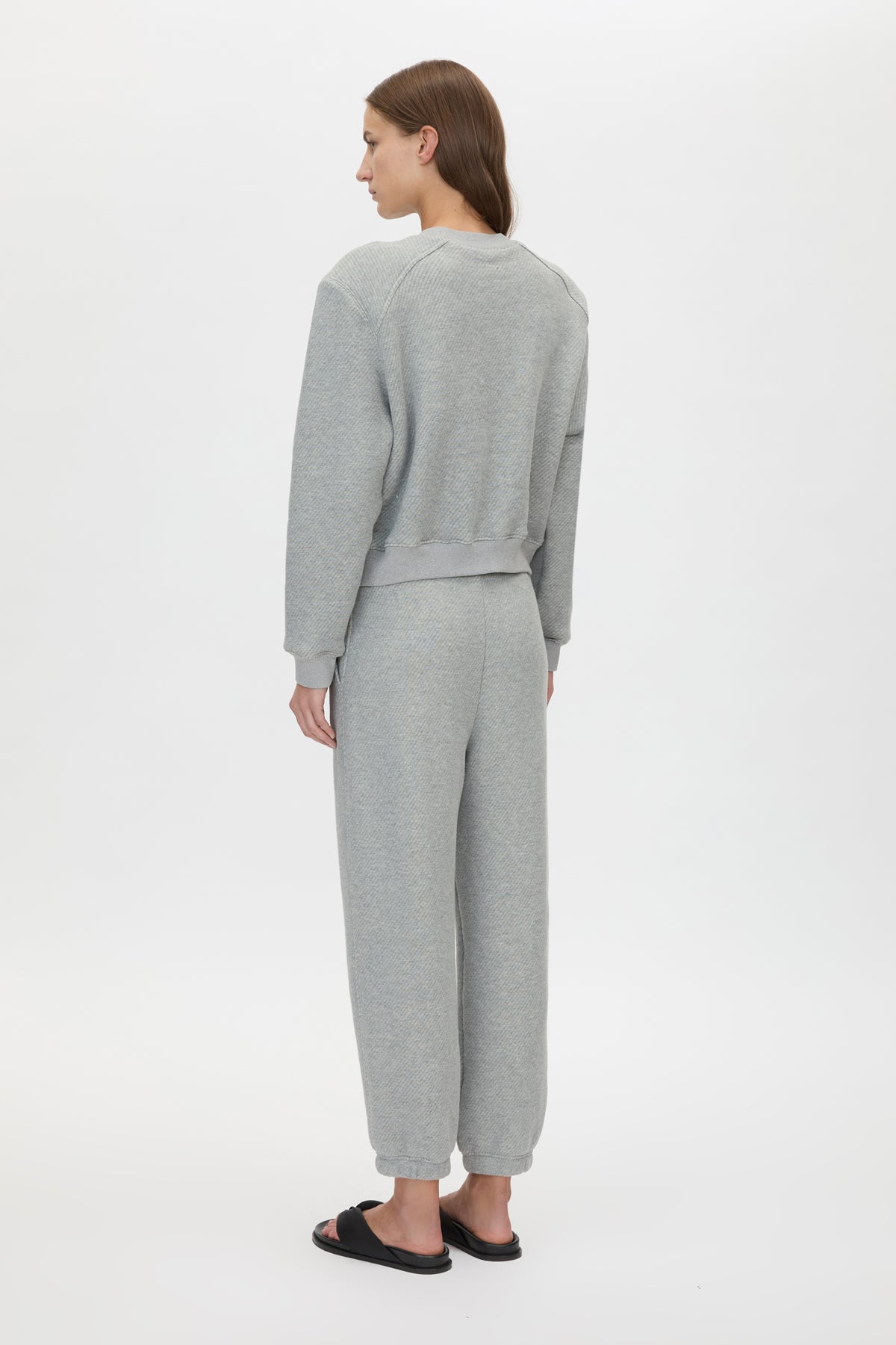 Three Quarter View - CAMILLA AND MARC Savannah Crew Neck Tracksuit Top in grey marle fleece. 