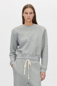 Detail View - CAMILLA AND MARC Savannah Crew Neck Tracksuit Top in grey marle fleece. 