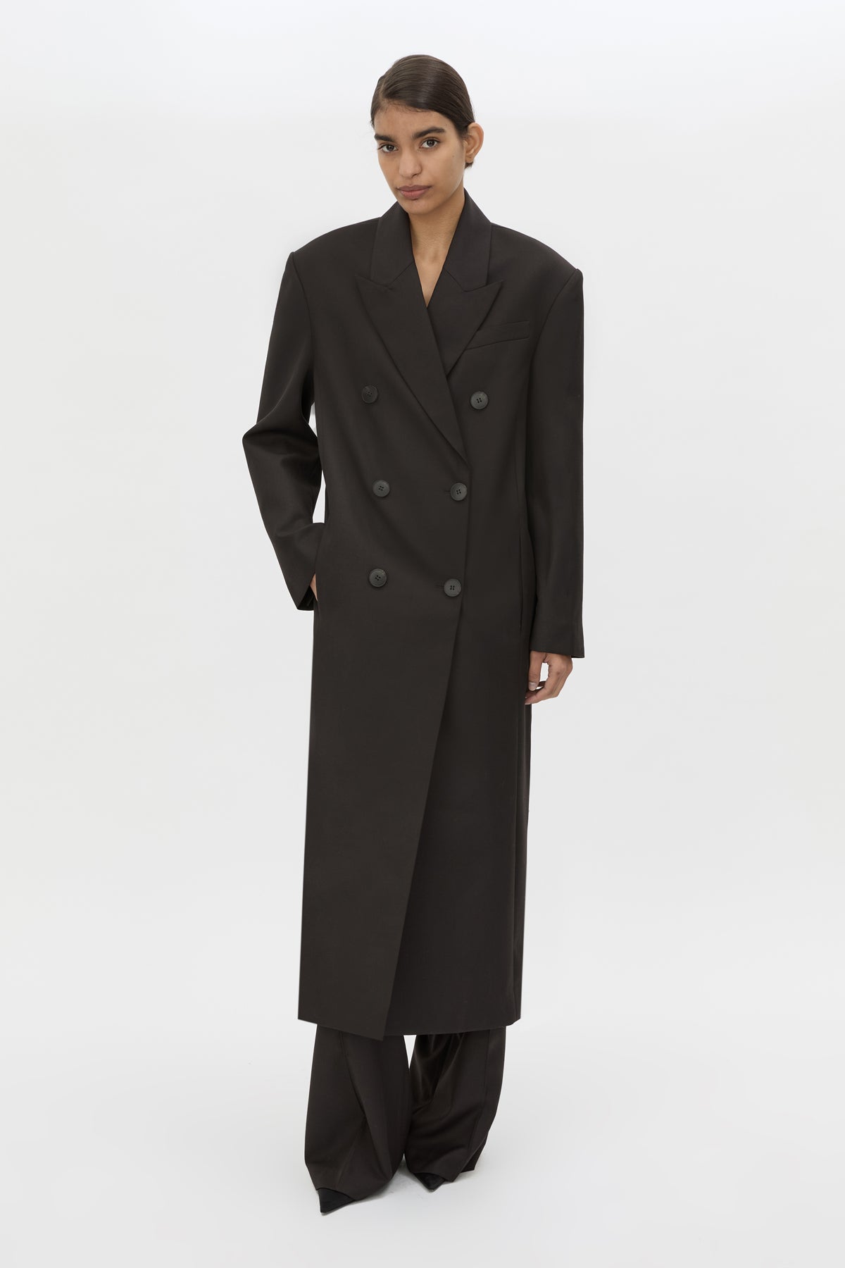 Front view CAMILLA AND MARC Saxony Double Breasted Coat in Espresso Pindot with tailored finish.