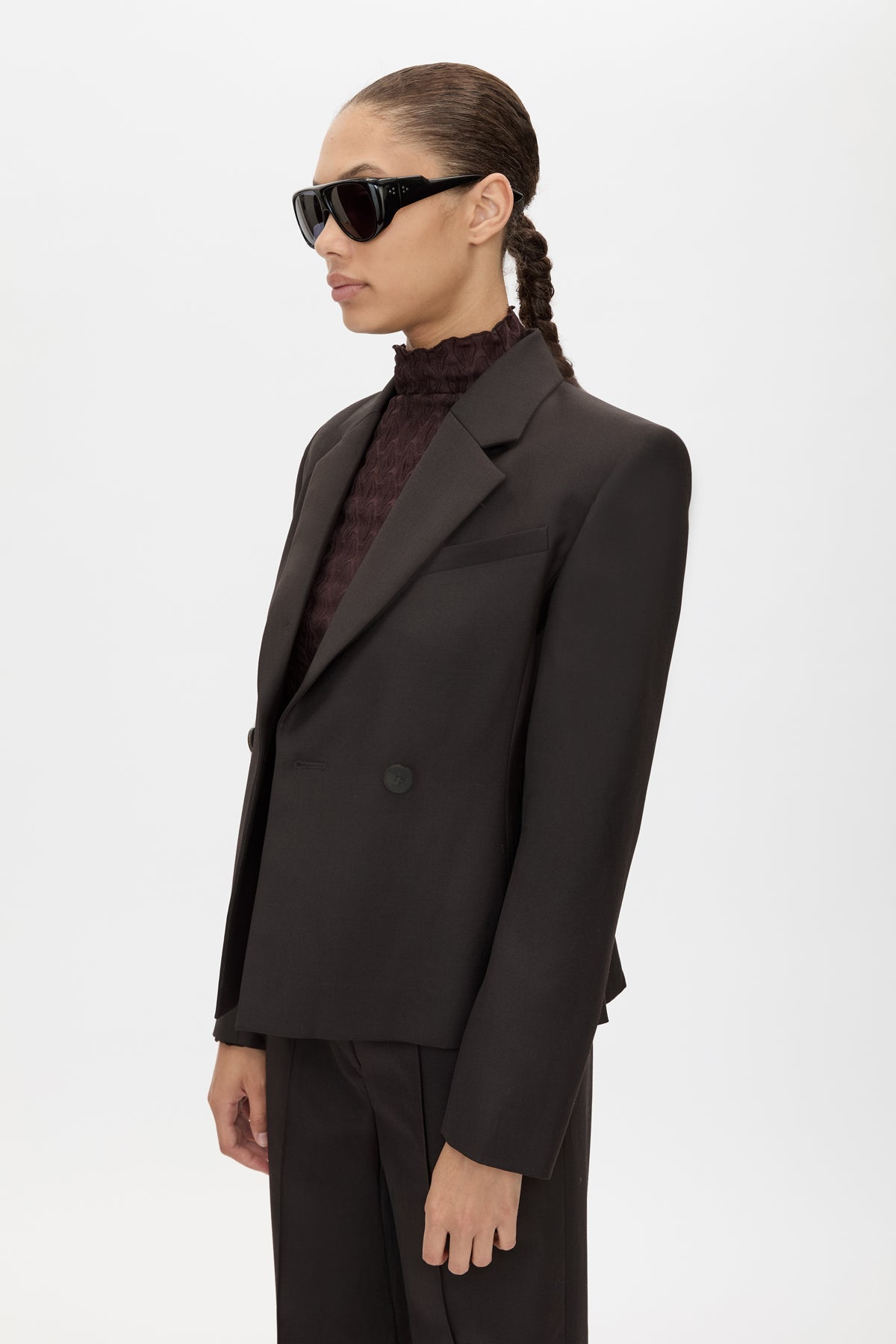 Cropped view CAMILLA AND MARC Saxony Fitted Blazer in Espresso Pindot with double‑breasted closure, and tailored waist.