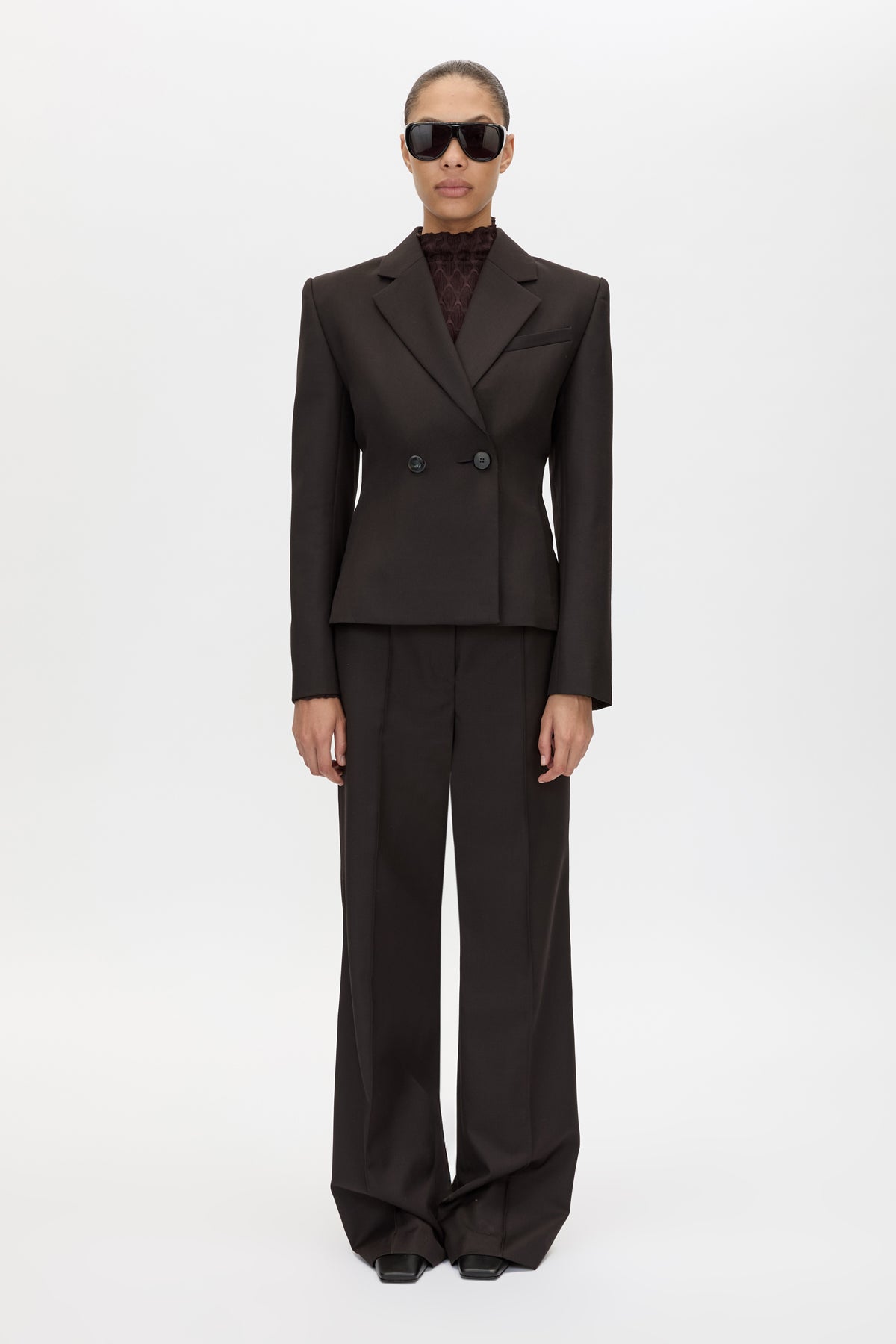 Front styled view CAMILLA AND MARC Saxony Fitted Blazer in Espresso Pindot buttoned up.