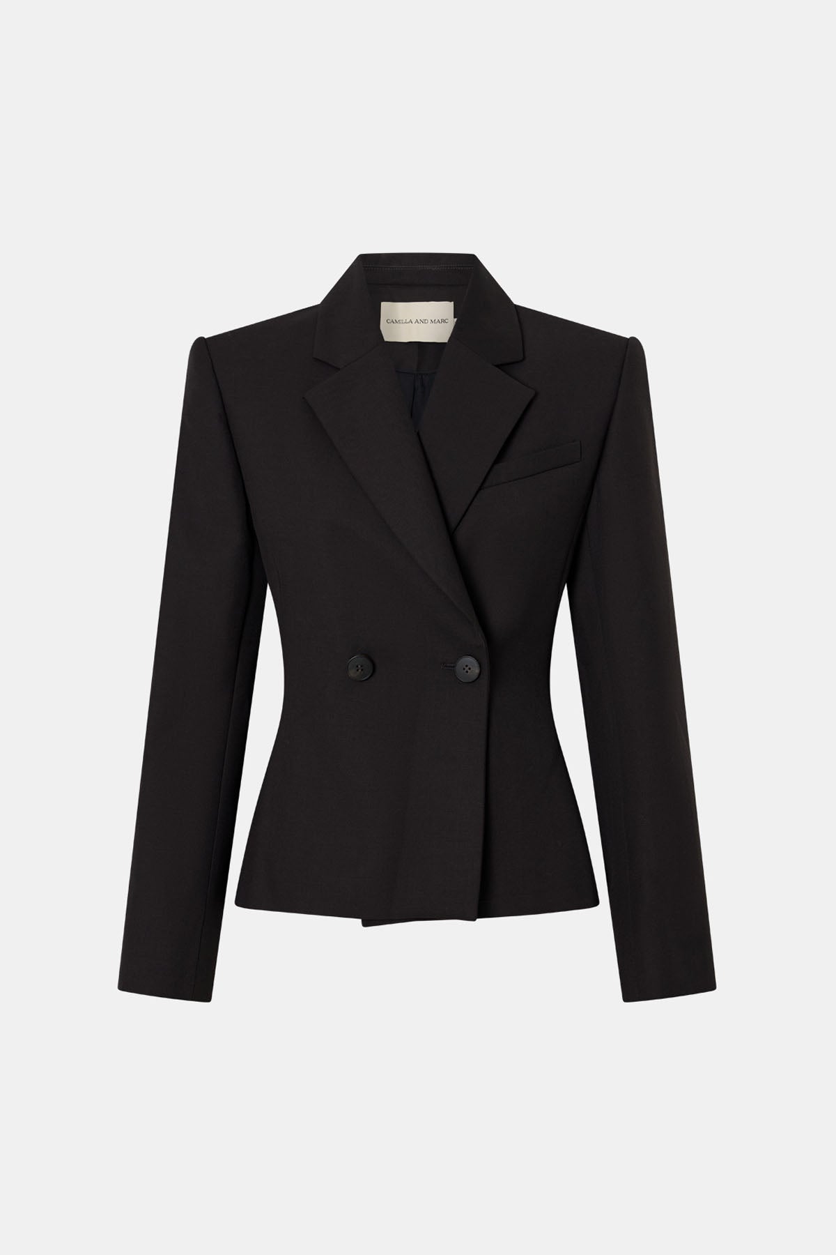 Ghost front view CAMILLA AND MARC Saxony Fitted Blazer in Espresso Pindot with double‑breasted closure, and tailored waist.
