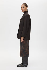 Side view CAMILLA AND MARC Saxony Oversized Blazer in Espresso Pindot with Australian wool flat tailoring.