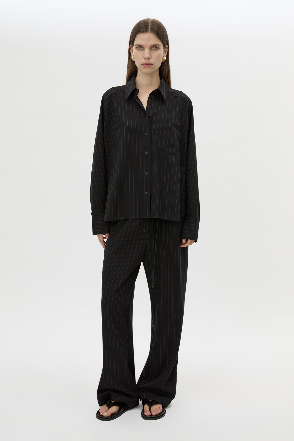 Front view CAMILLA AND MARC Sedona Stripe Pant in Black Stripe styled with Sedona Stripe Shirt.