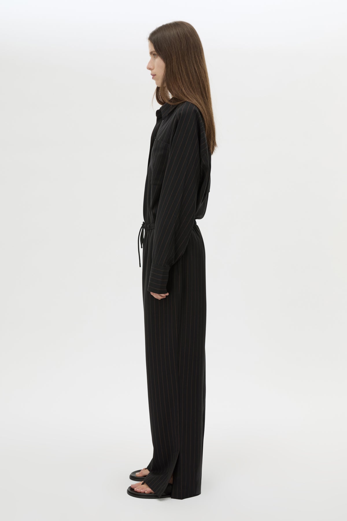 Front view CAMILLA AND MARC Sedona Stripe Pant in Black Stripe with relaxed fit and adjustable waistband.