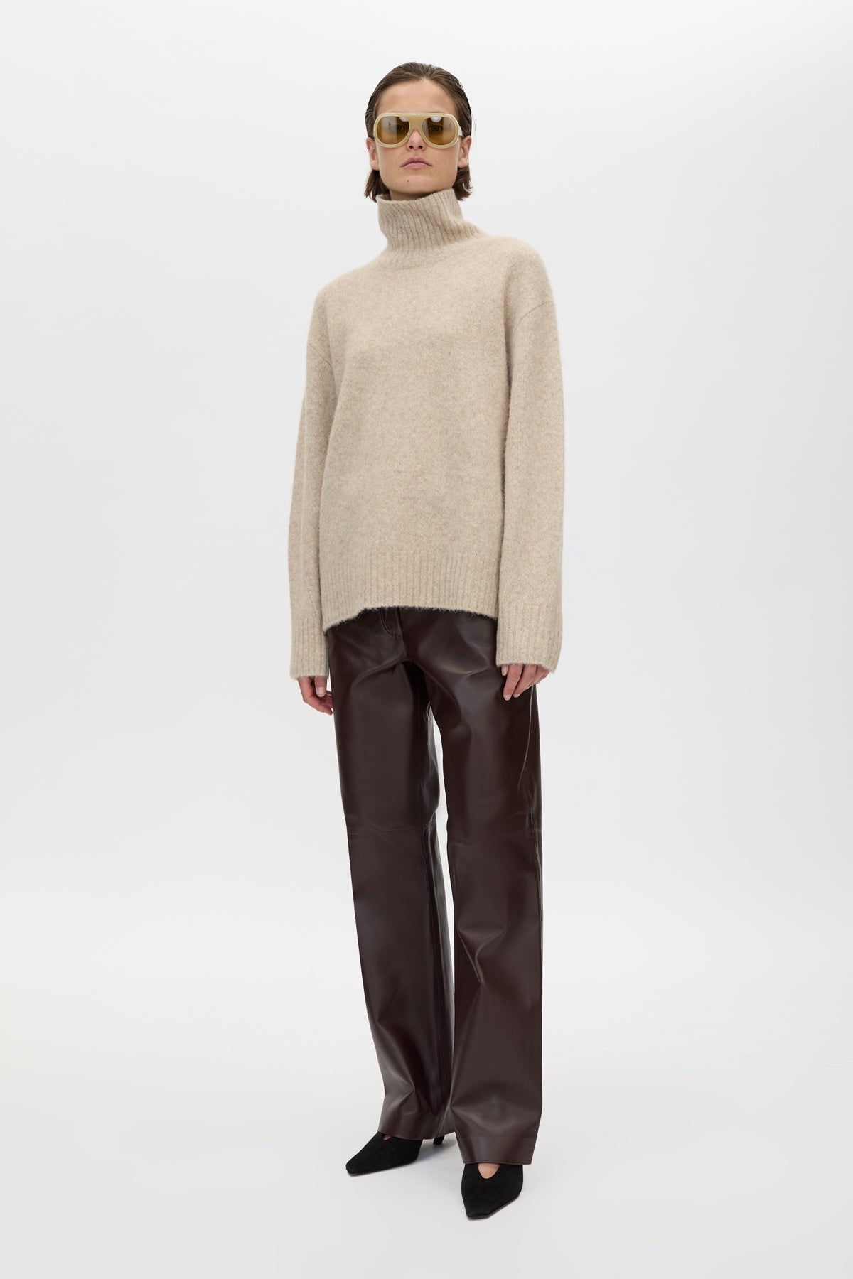 Front styled view CAMILLA AND MARC Selita Leather Pant in Burgundy with straight‑leg panelled leather construction.