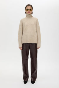 Styled view CAMILLA AND MARC Selita Leather Pant in Burgundy with straight‑leg panelled leather construction.