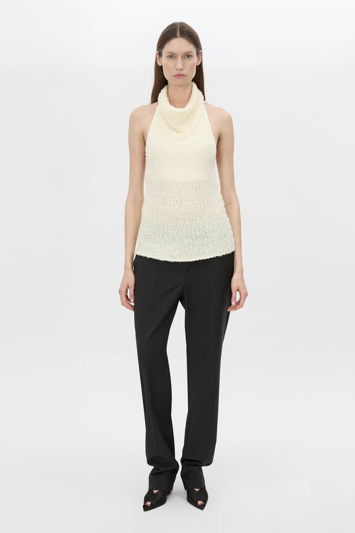 Front-styled view CAMILLA AND MARC Silvie Textured Knit Top in soft white with a cowl halter neckline.