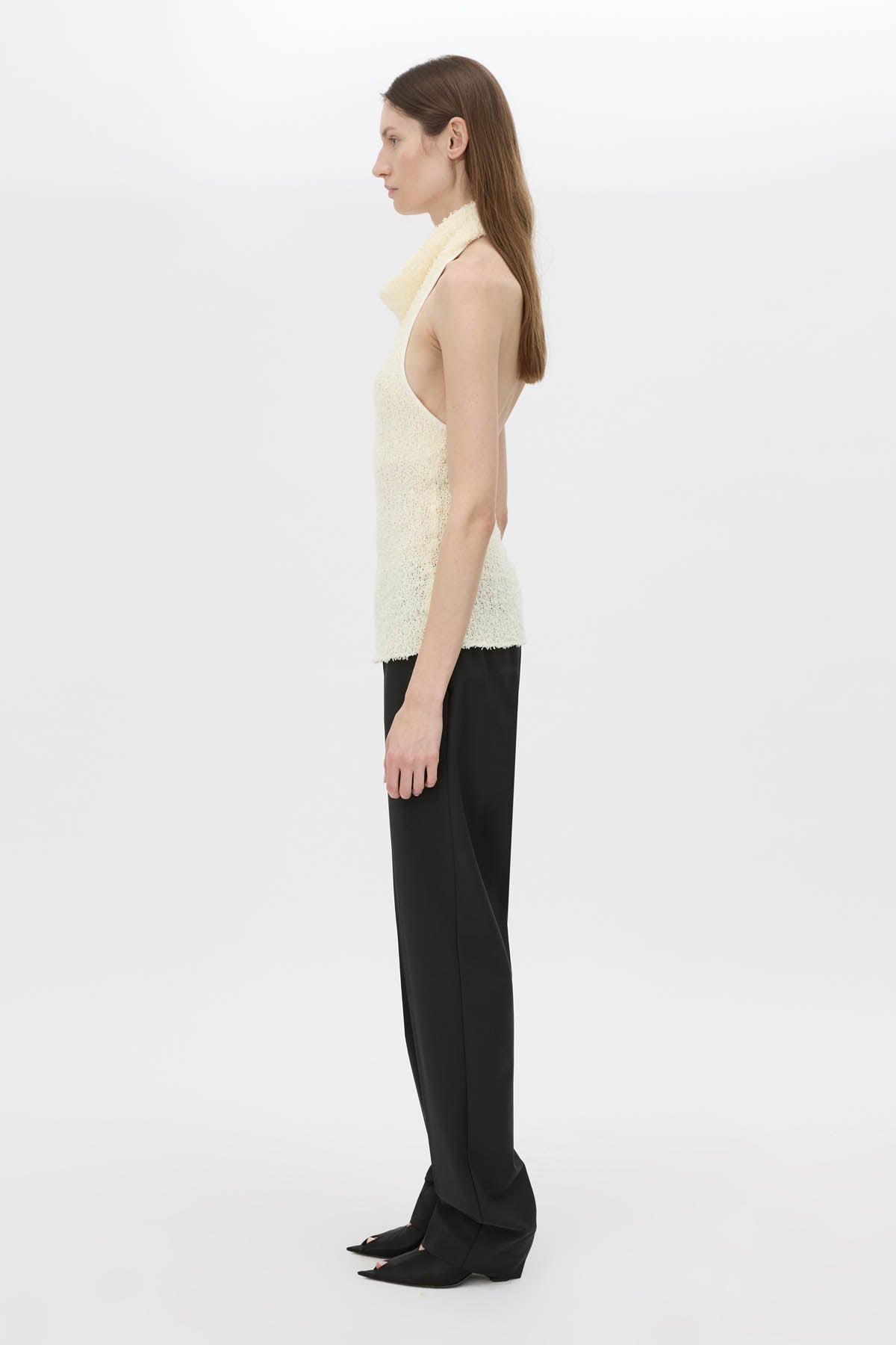 Side view CAMILLA AND MARC Silvie Textured Knit Top in soft white with a cowl halter neckline.