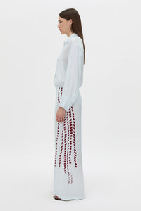 Side view CAMILLA AND MARC Suri Wide-Leg Pant in blue suri print with mid‑rise fit.