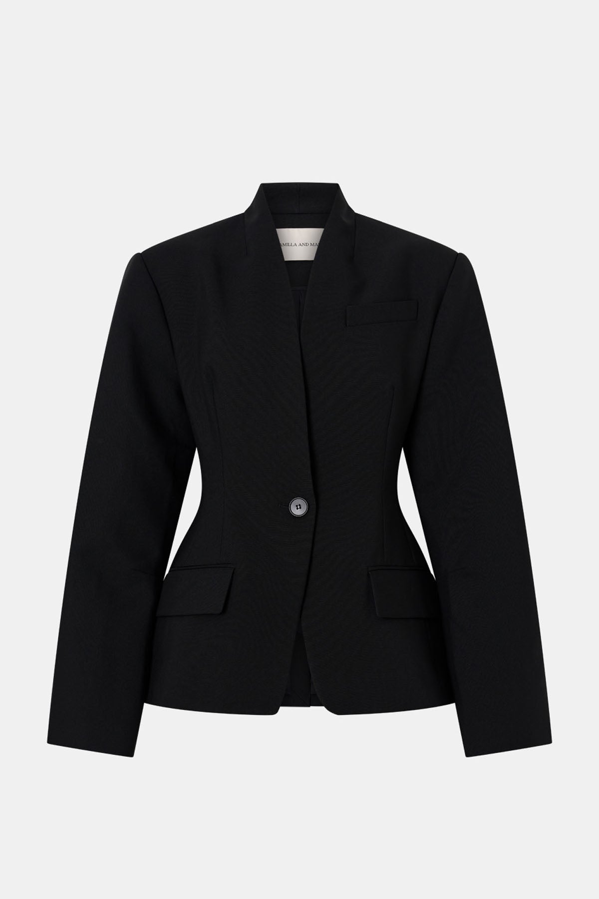 Ghost front view CAMILLA AND MARC Tala Fitted Collarless Blazer in Black with single‑breasted closure, curved sleeves 