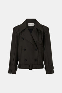 Ghost view CAMILLA AND MARC Tari Short Trench in Dark Khaki with contrast undercollar and shoulder pads.