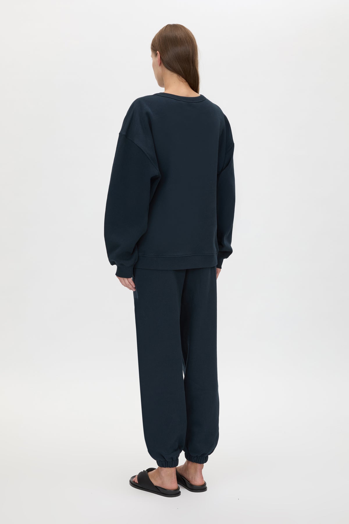 Back view CAMILLA AND MARC Tia Flocking Logo Crew in Deep Ink with relaxed fit, logo artwork and 100% cotton.