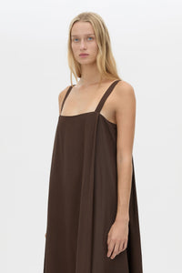 Cropped view CAMILLA AND MARC Tove Maxi Dress in Chocolate with a sleeveless silhouette and contrasting satin trim. 