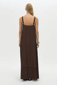 Back view CAMILLA AND MARC Tove Maxi Dress in Chocolate with a sleeveless silhouette and contrasting satin trim. 