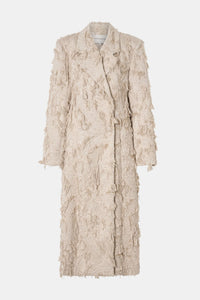 Ghost view CAMILLA AND MARC Tundra Double Breasted Coat in Stone with exaggerated shoulders, fitted waist and jacquard floral texture.