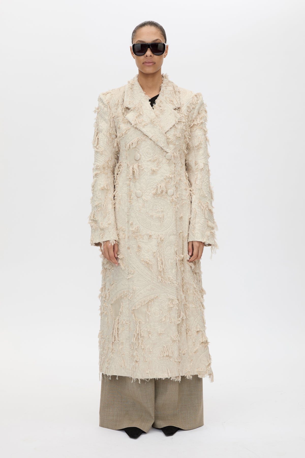 Front styled view CAMILLA AND MARC Tundra Double Breasted Coat in Stone with exaggerated shoulders, fitted waist and jacquard floral texture.