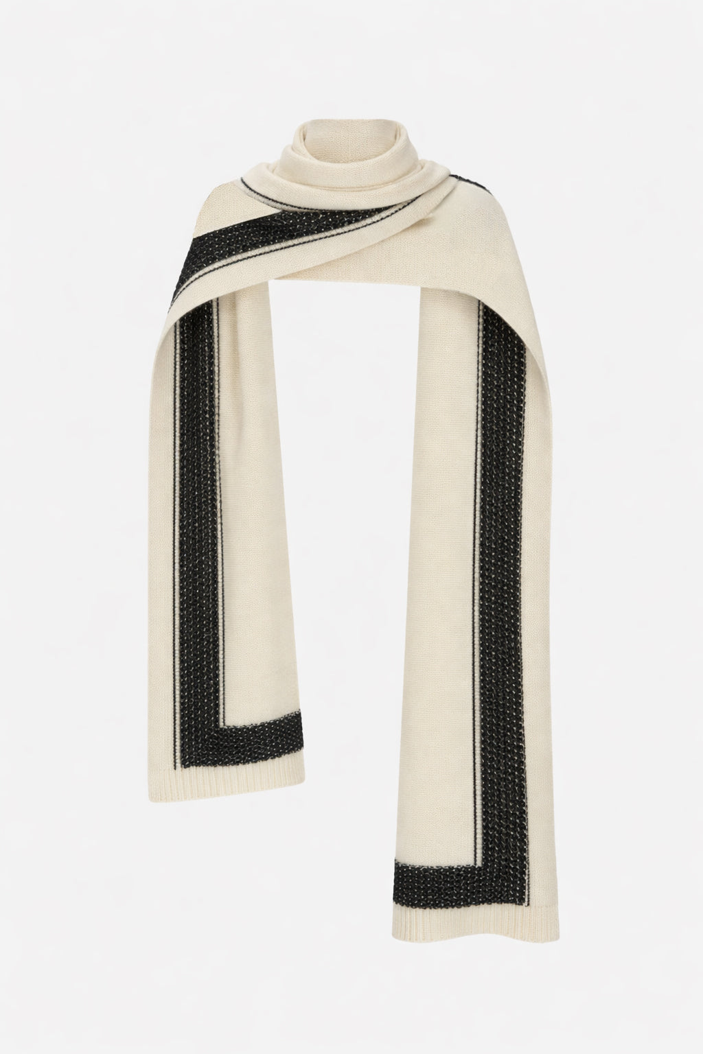 Ghost view CAMILLA AND MARC Tusk Knit Stripe Scarf in Black with striped jacquard graphic and Australian wool fabrication.