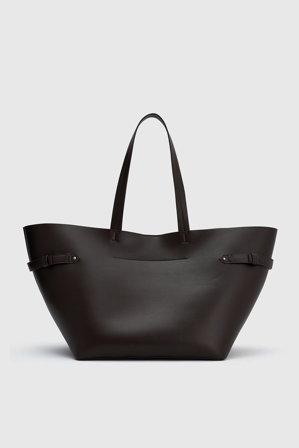 Back view CAMILLA AND MARC Willa Tote in Chocolate Brown with side strap and buckle detailing and magnetic button closure.