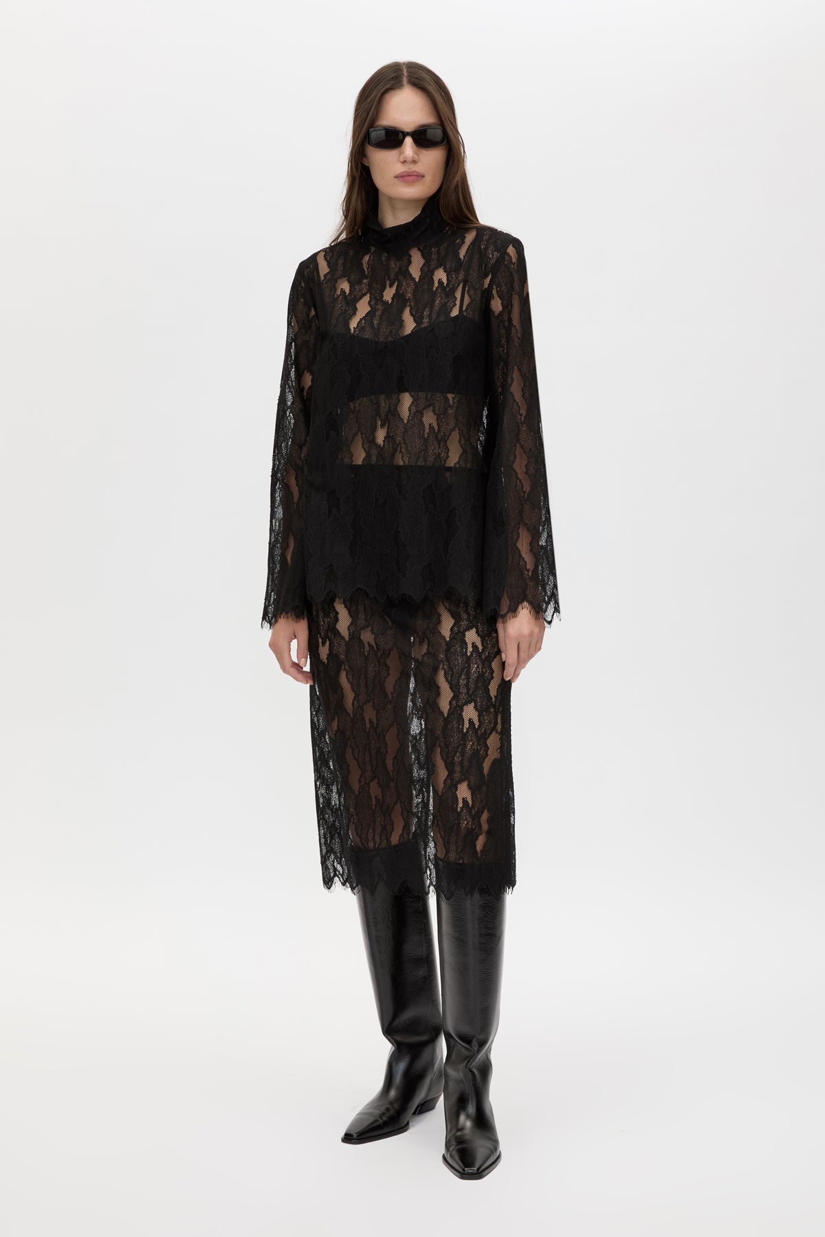 Front view CAMILLA AND MARC Zemira Long Sleeve Lace Top in Black with sheer lace and high neckband.