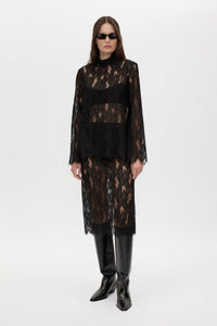 Front view CAMILLA AND MARC Zemira Long Sleeve Lace Top in Black with sheer lace and high neckband.