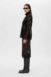 Side view CAMILLA AND MARC Zemira Long Sleeve Lace Top in Black with sheer lace and high neckband.
