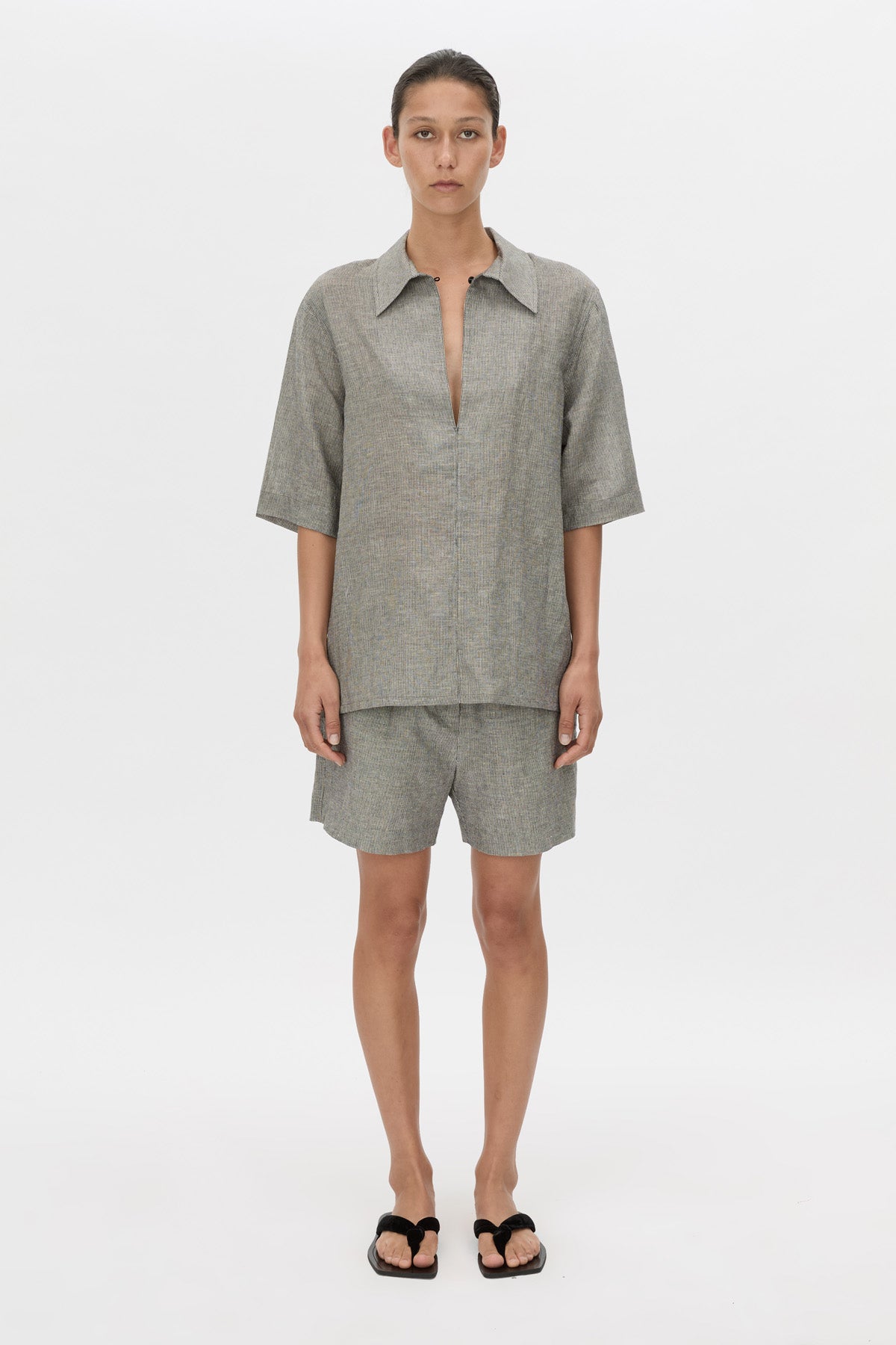 Phostre Stripe Linen Collared Top